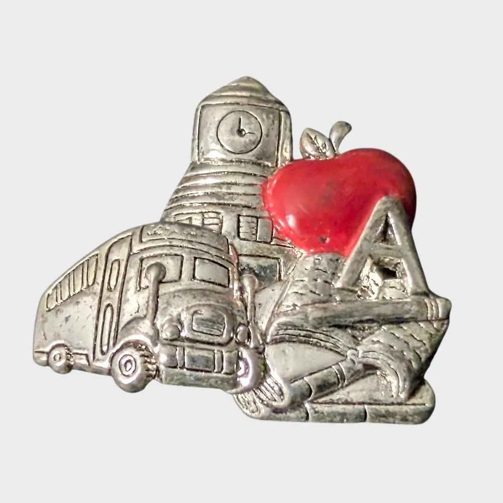 Vintage Silver Red Brooch School Bus Teacher Apple Clock Tower Book Pin